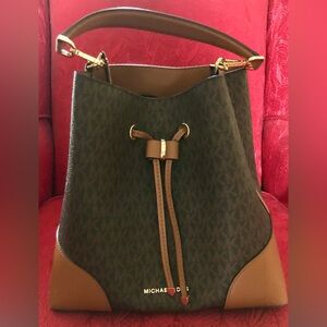 Michael Kors Brown and Tan Hobo Bag with Leather Trim